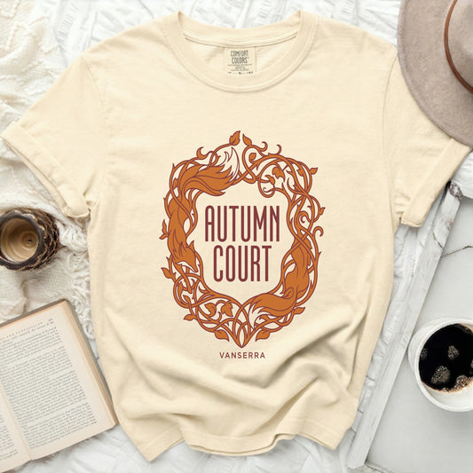 Cream t-shirt with "Autumn Court" and "Vanserra" text and ornate design.