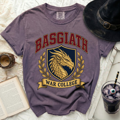Purple t-shirt with a gold dragon emblem and text "Basgiath War College".