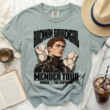 T-shirt with "BRENNAN SORRENGAIL MENDER TOUR MARBH THE EMPYBEAN" text and portrait.