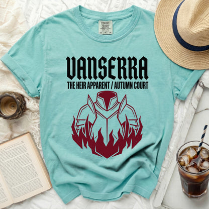 Teal t-shirt with Vanserra The Heir Apparent Autumn Court graphic.