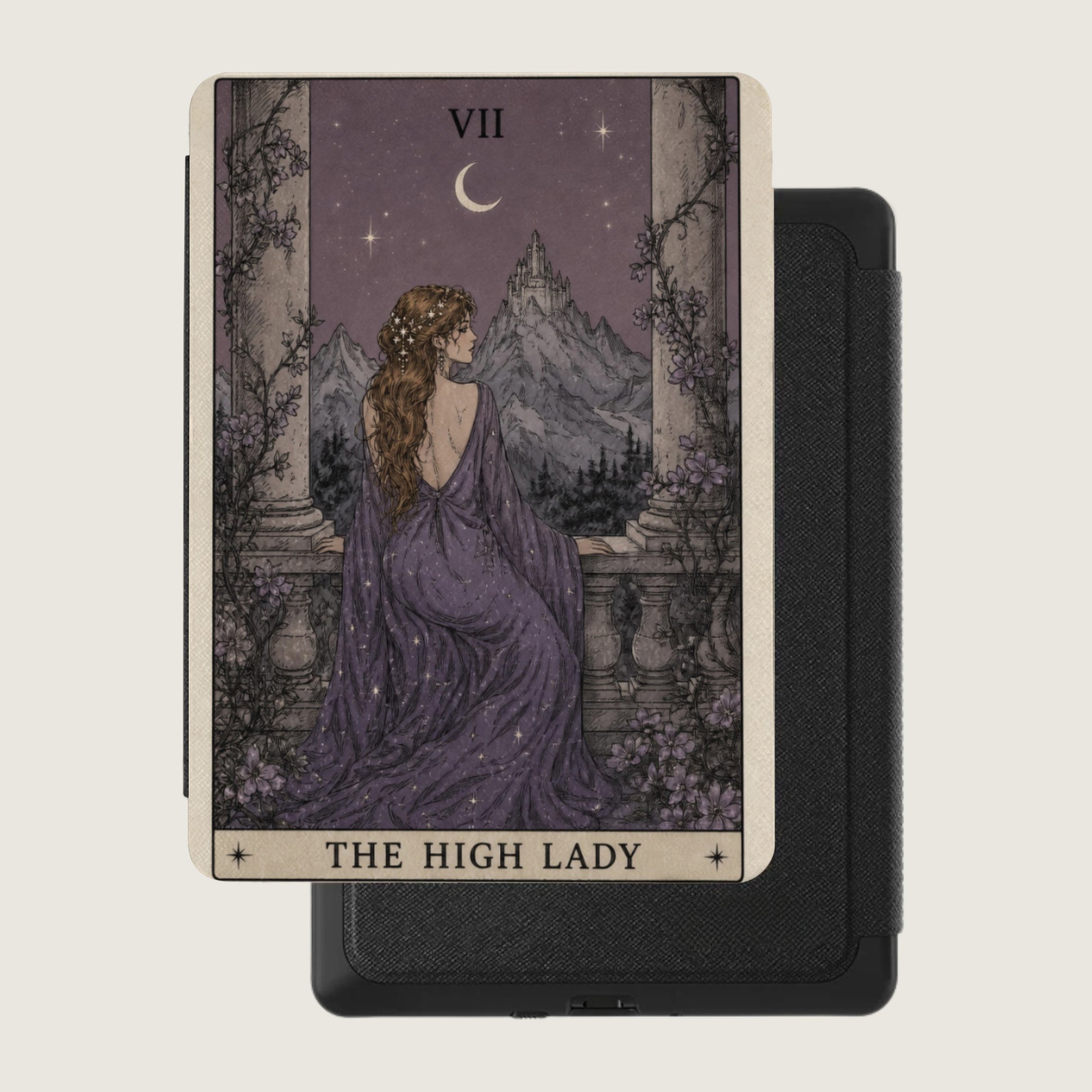 Tarot card "The High Lady" features a woman on a balcony overlooking mountains.