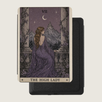 Tarot card "The High Lady" features a woman on a balcony overlooking mountains.