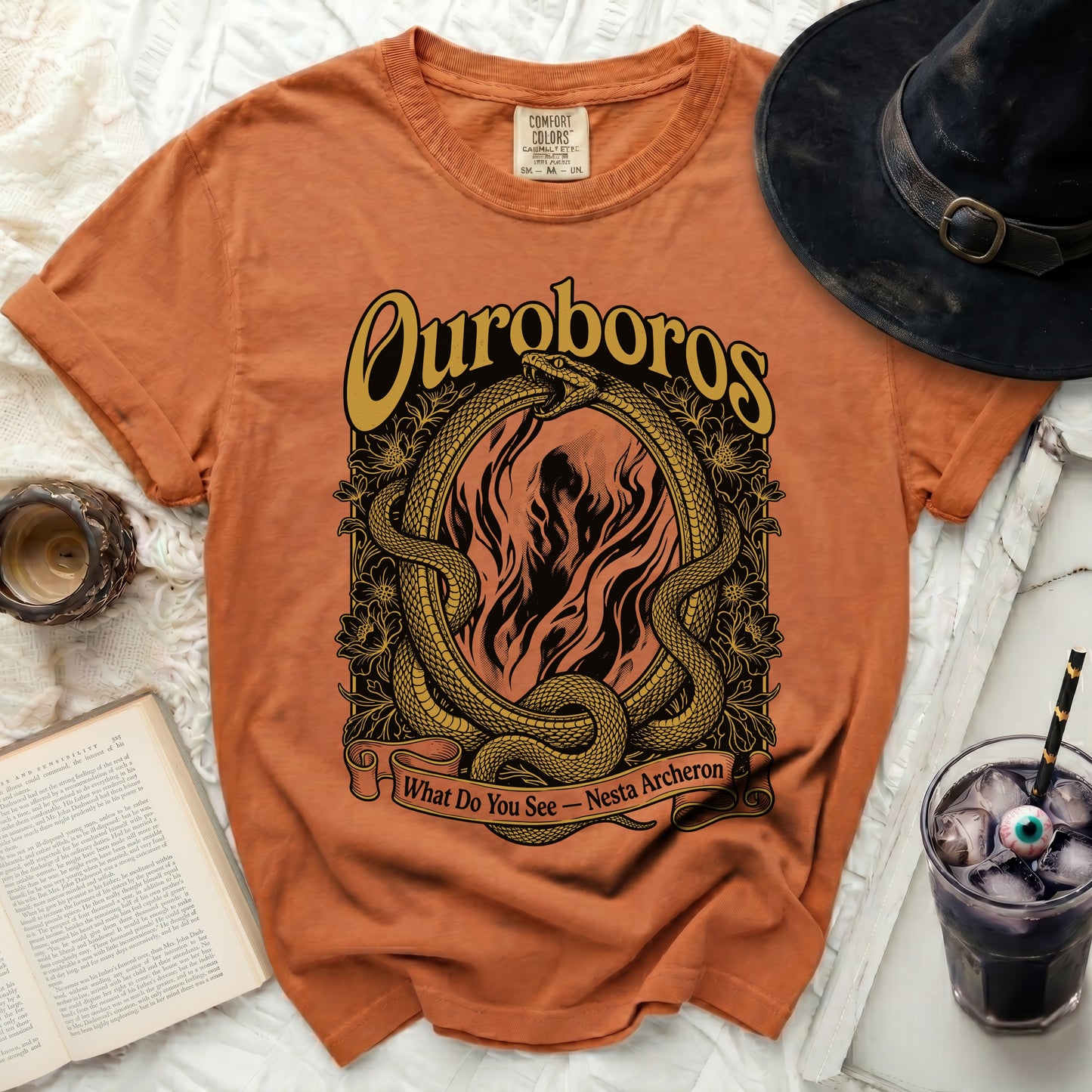 Orange Comfort Colors shirt with Ouroboros snake and "What Do You See - Nesta Archeron" text.