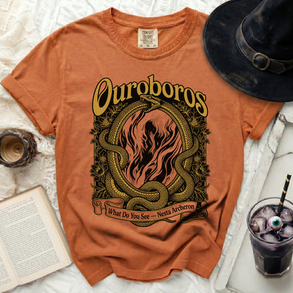 Orange Comfort Colors shirt with Ouroboros snake and "What Do You See - Nesta Archeron" text.