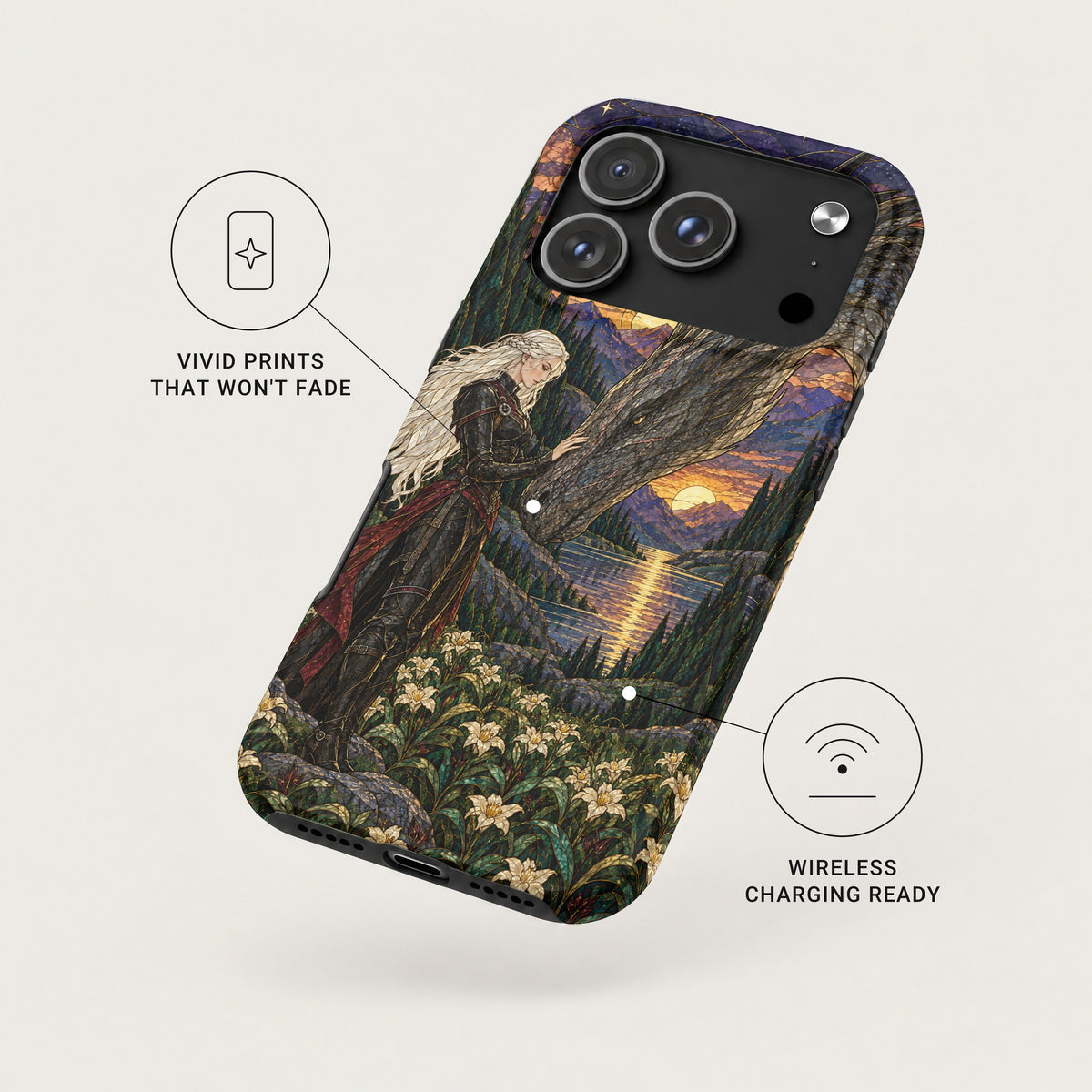 An angled smartphone case features fantasy artwork of a woman touching a dragon with callout labels for vivid prints and wireless charging.