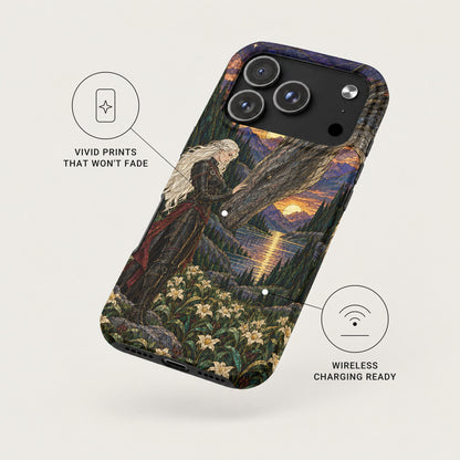 An angled smartphone case features fantasy artwork of a woman touching a dragon with callout labels for vivid prints and wireless charging.