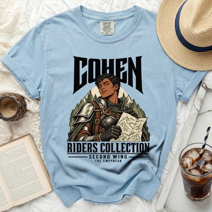 Light blue t-shirt with "COHEN RIDERS COLLECTION SECOND WING THE EMPYREAN" graphic.
