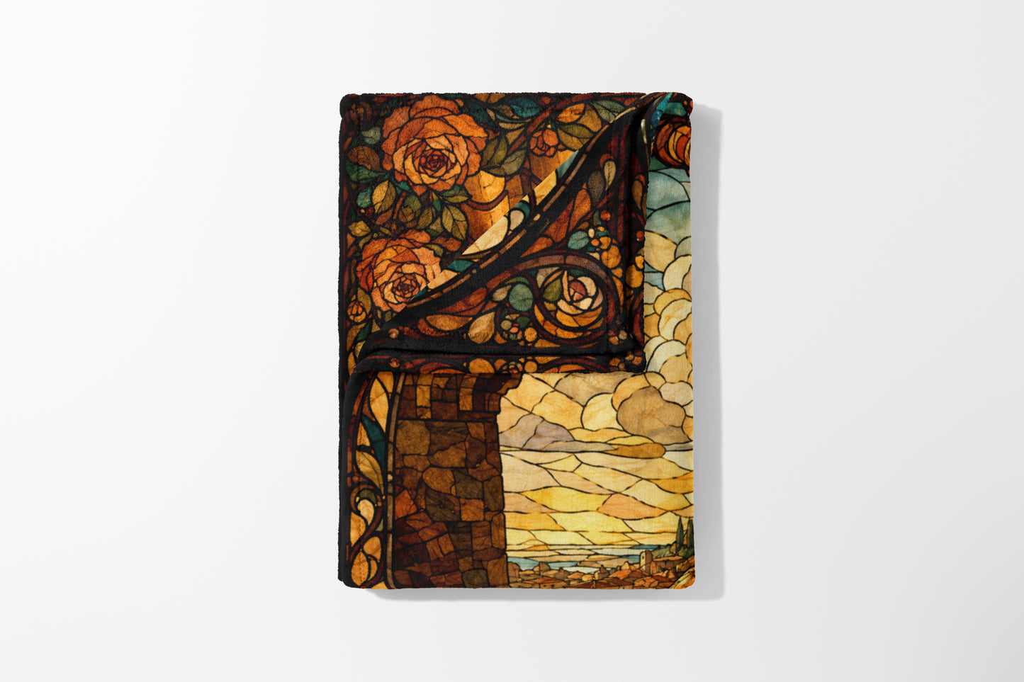 Tapestry featuring stained glass roses and a town at sunset.