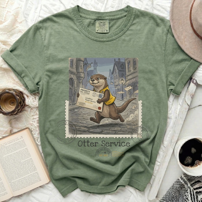 T-shirt graphic of an otter delivering mail with "Otter Service" text.