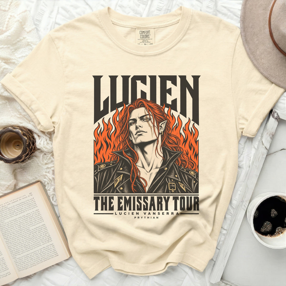 Lucien The Emissary Tour Prythian T-shirt with fiery illustration of Lucien Vanserra.