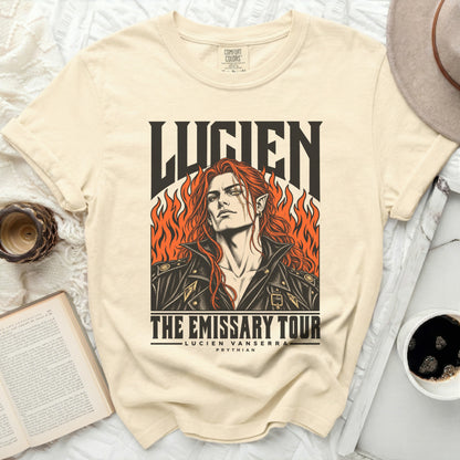 Lucien The Emissary Tour Prythian T-shirt with fiery illustration of Lucien Vanserra.