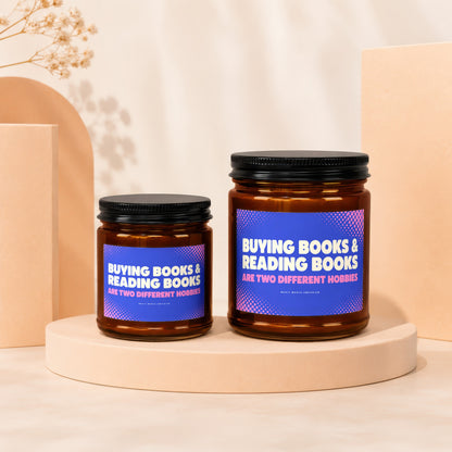 Two amber glass jars with black lids, labeled "Buying books & reading books are two different hobbies."