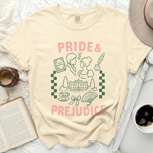 Cream t-shirt with "Pride & Prejudice" book graphic and Jane Austen art.