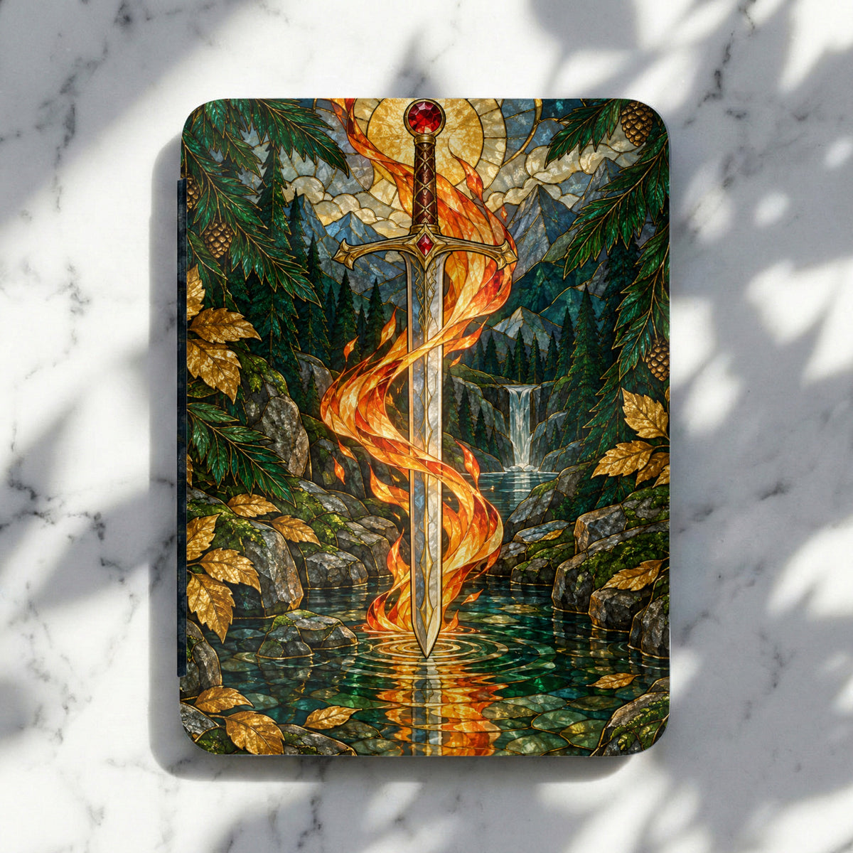 Stained glass art of a flaming sword in a forest scene with a waterfall.