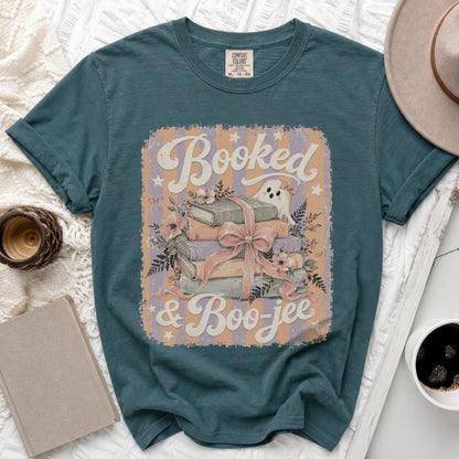 Teal comfort colors t-shirt with "Booked & Boo-jee" text and ghost graphic.