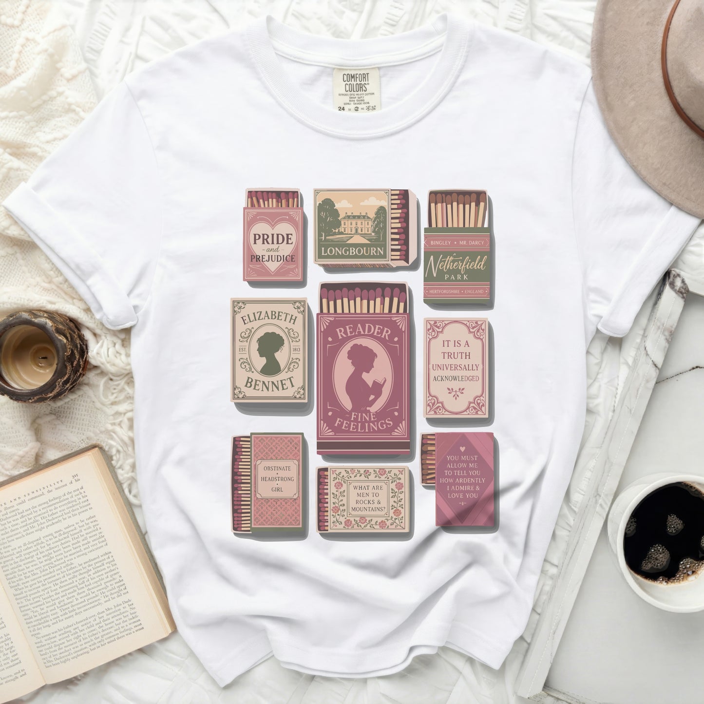T-shirt with "Pride and Prejudice" and other book-themed matchboxes.