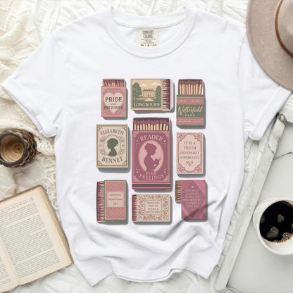 T-shirt with "Pride and Prejudice" and other book-themed matchboxes.