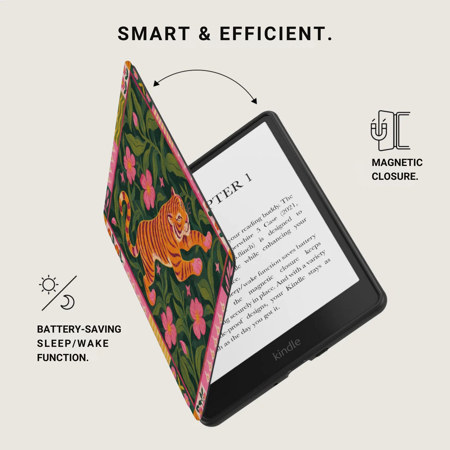 Kindle e-reader with a floral tiger print case open, showing battery-saving and magnetic closure features.