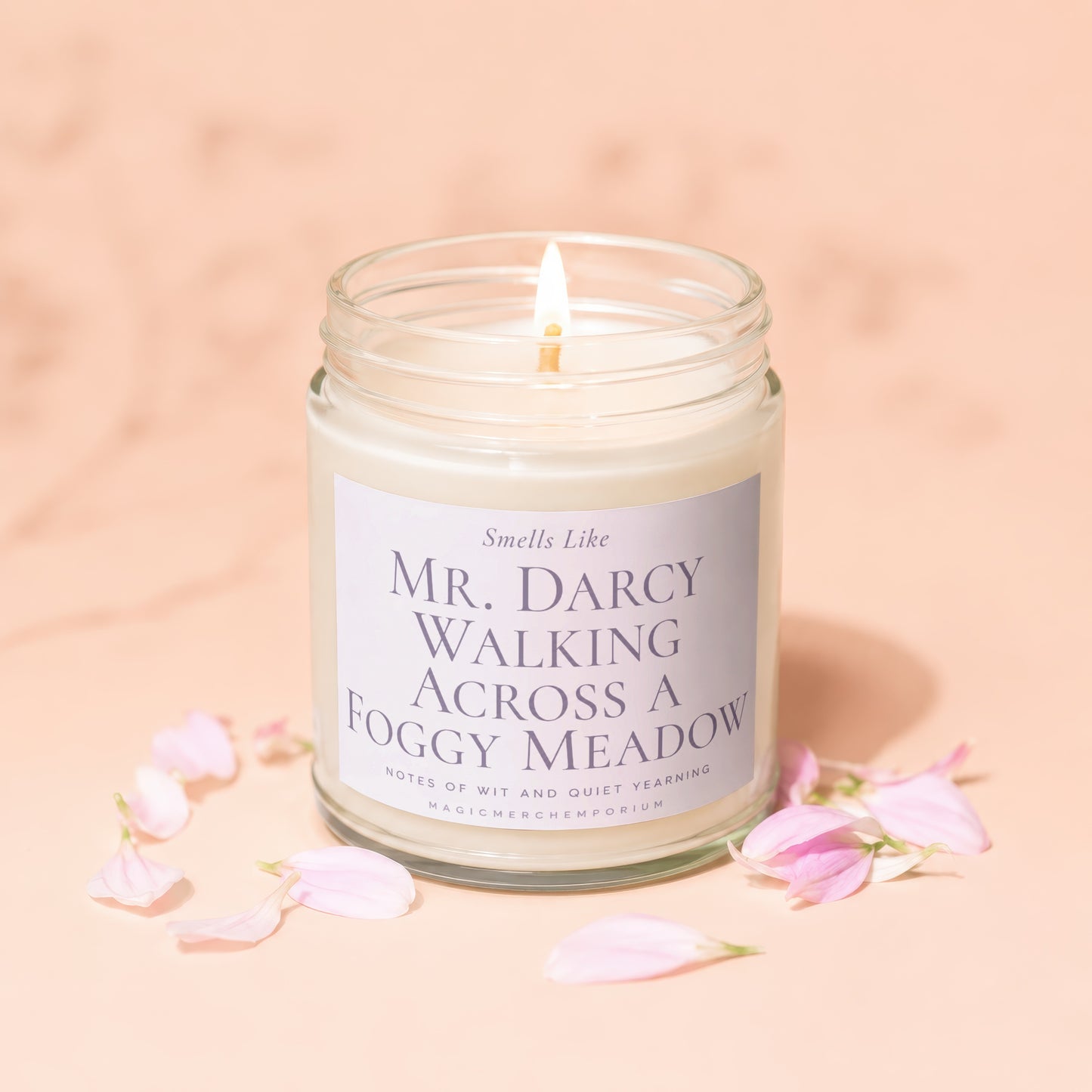 Scented candle labeled "Mr. Darcy Walking Across a Foggy Meadow."