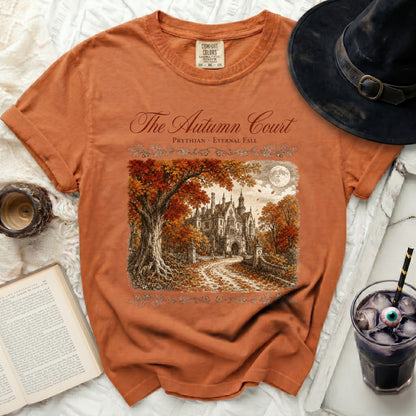 Orange t-shirt with "The Autumn Court" and castle graphic.