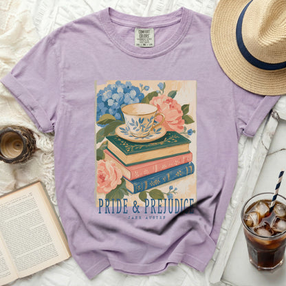 Purple t-shirt with "Pride & Prejudice Jane Austen" book cover art.