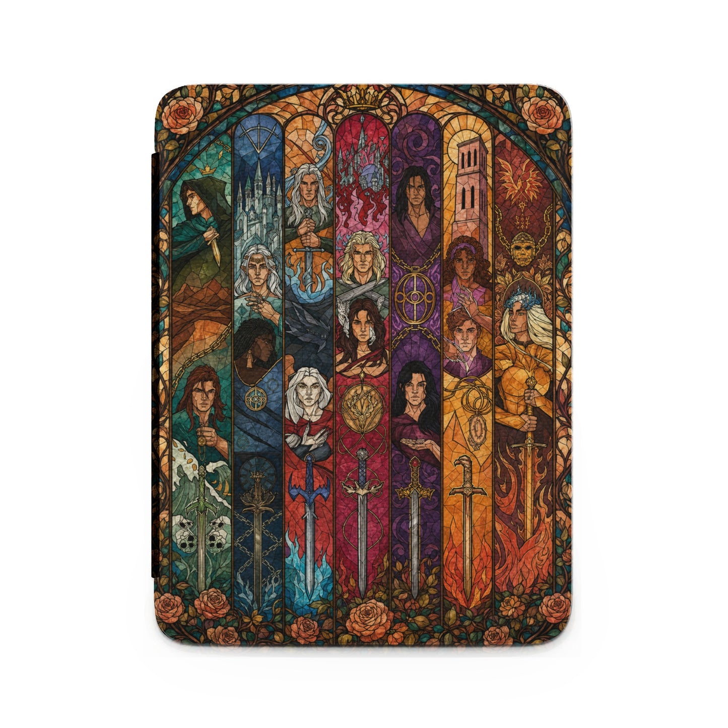 Stained glass panel featuring characters and swords with roses around the border.