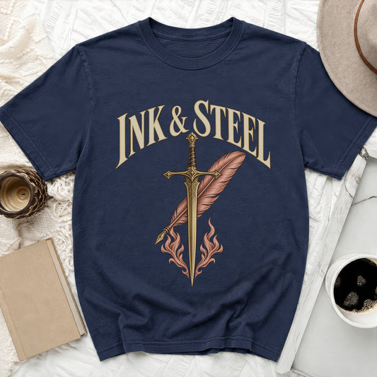 Navy t-shirt with "INK & STEEL" text above a sword and feather.
