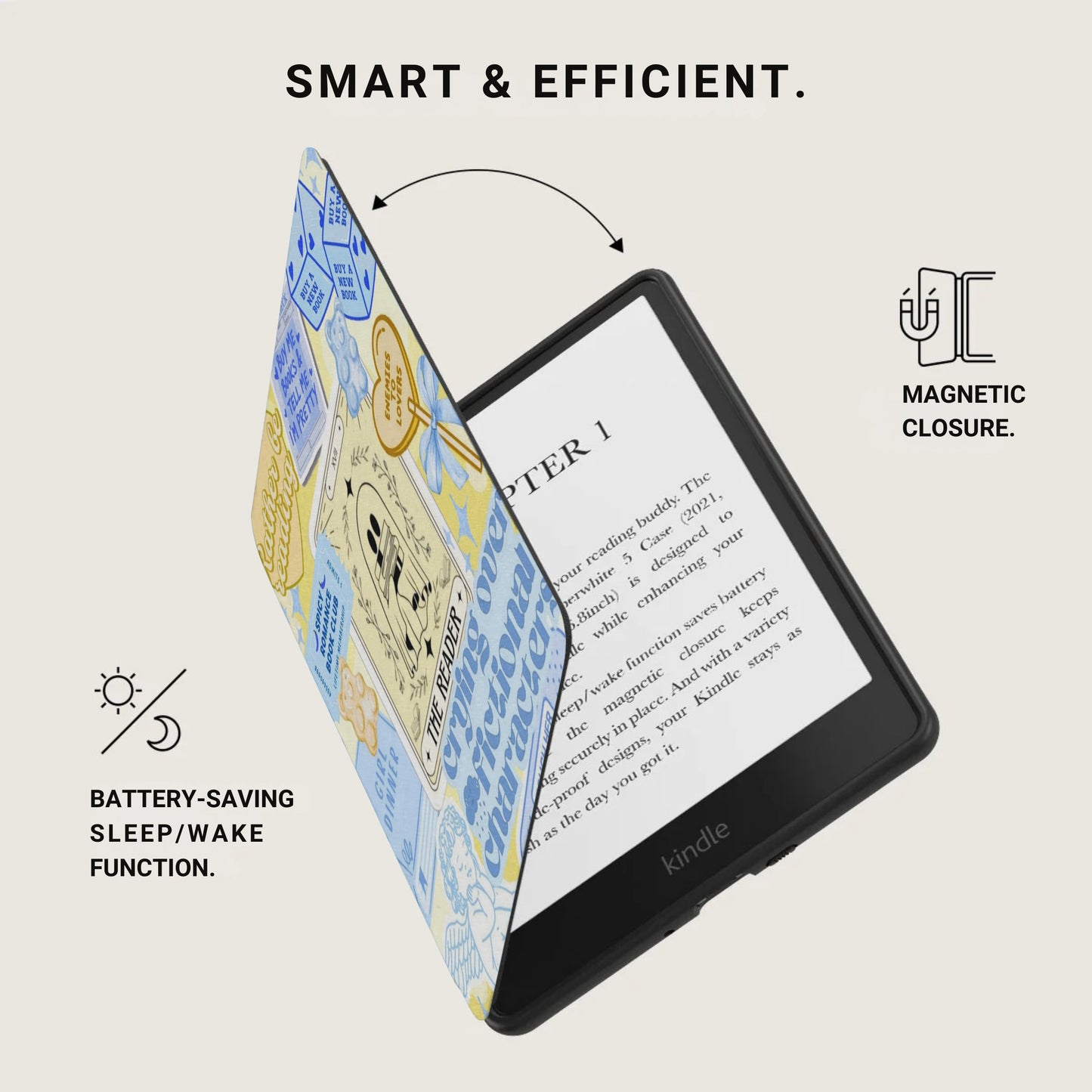 Kindle e-reader with decorated cover showing "The Reader" and "Spicy Romance Book Club."