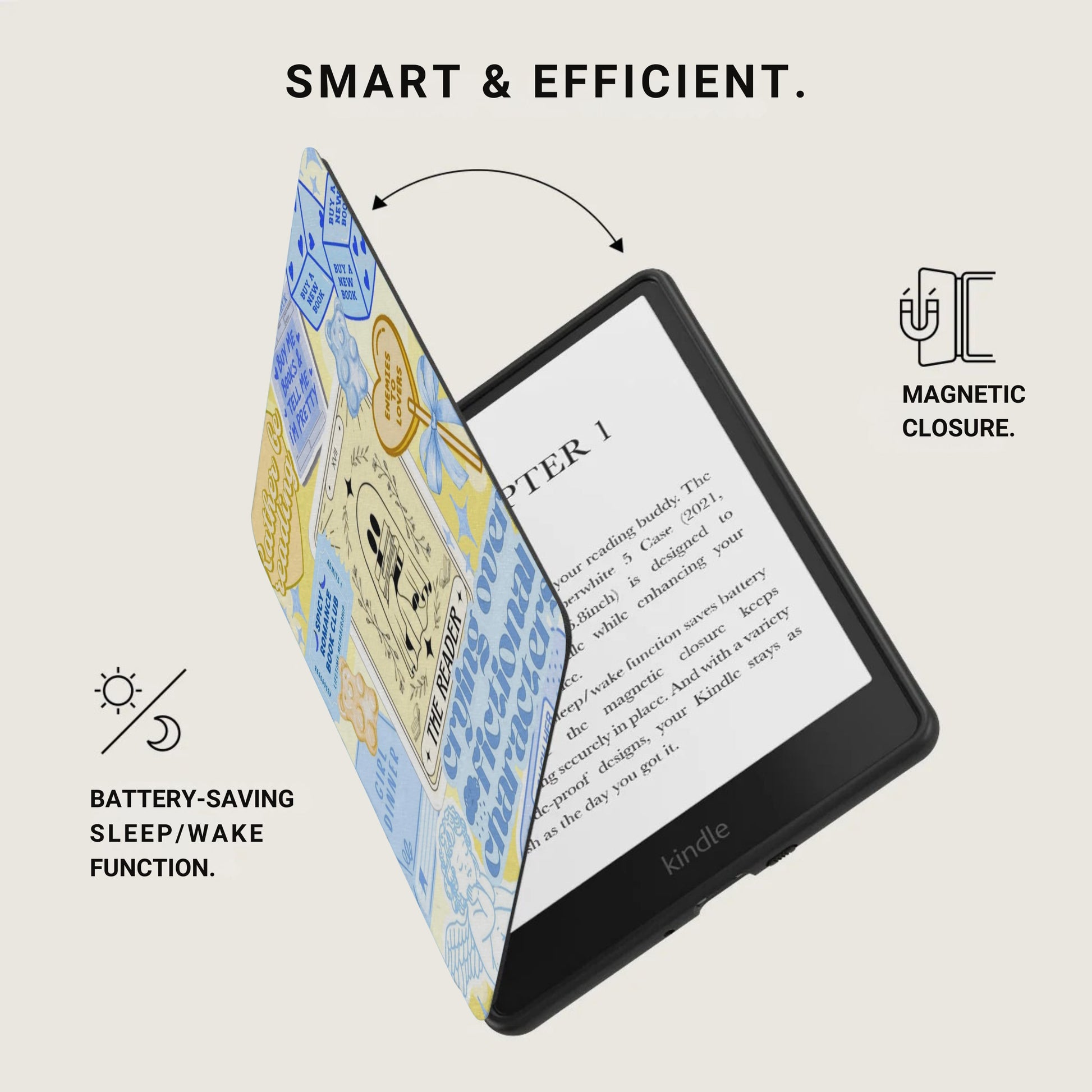 Kindle e-reader with decorated cover showing "The Reader" and "Spicy Romance Book Club."