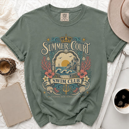 Green t-shirt with "Summer Court Swim Club" and "Eternal Sun Endless Sea" text.