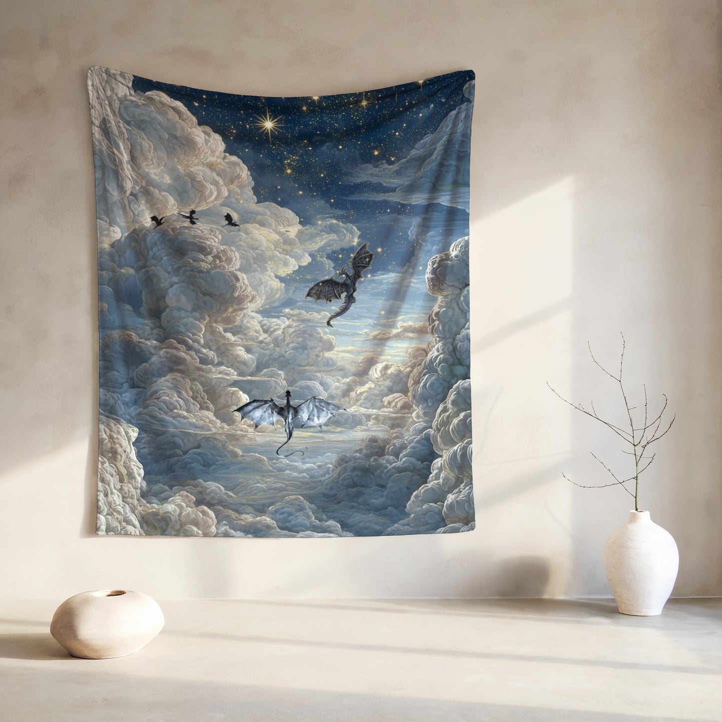 Dragons fly through a cloudy night sky filled with stars and a bright moon.