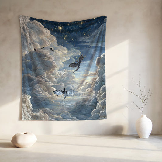 Dragons fly through a cloudy night sky filled with stars and a bright moon.