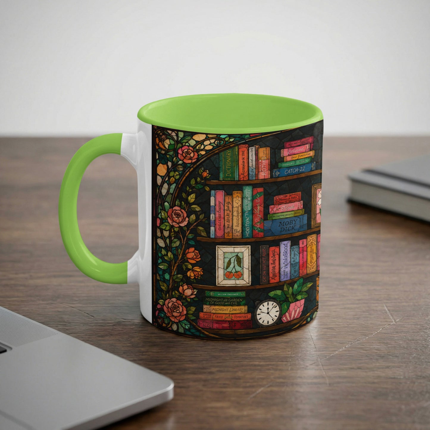 White mug with lime green handle, adorned with a bookshelf and floral stained glass design.