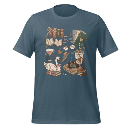 Whimsical Design of Various Objects on Blue Shirt
