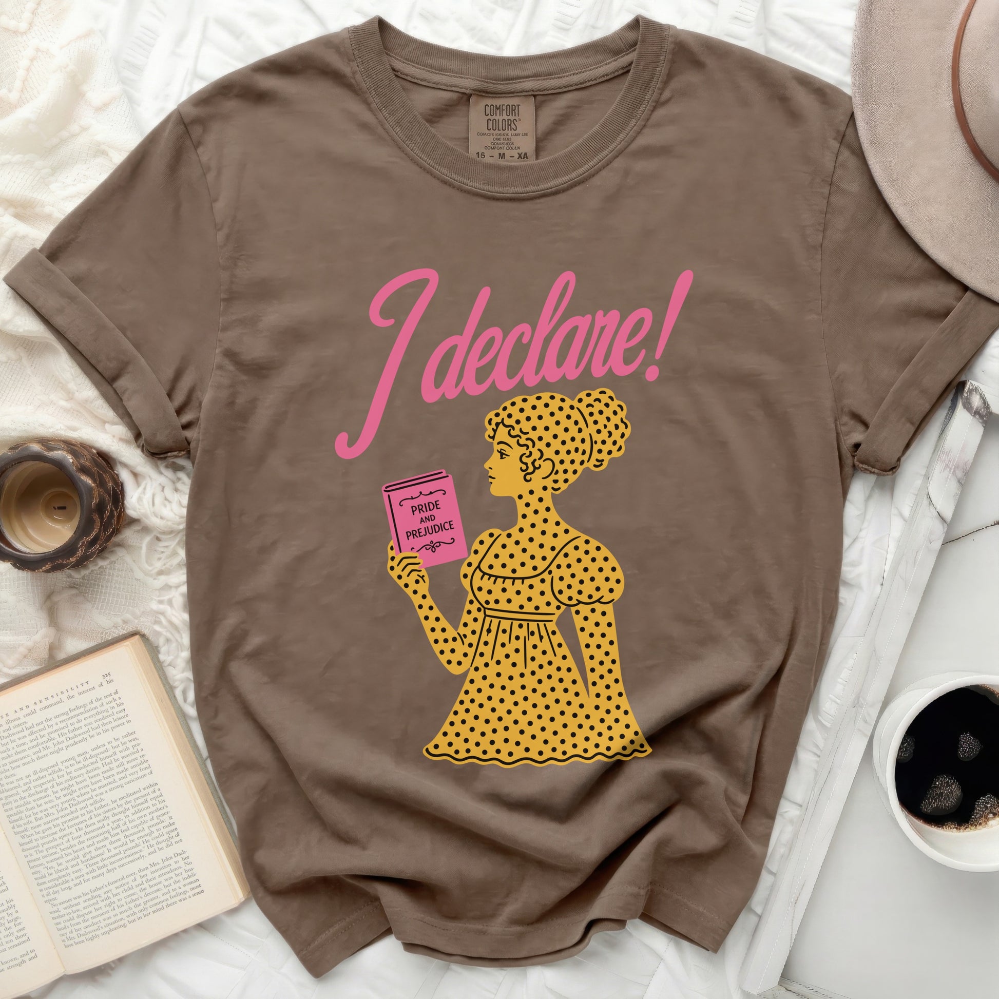 Brown t-shirt with "I declare!" and Pride and Prejudice illustration.