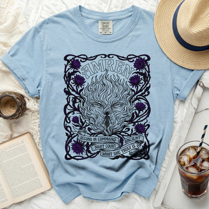 Light blue t-shirt with "AMREN" and wolf graphic, "Night Court" text.