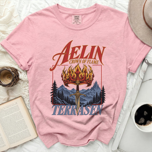 Pink t-shirt with Aelin Crown of Flame and Terrasen graphic.