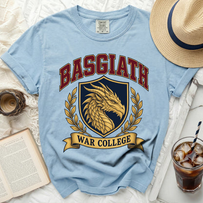Light blue t-shirt with "Basgiath War College" and dragon crest graphic.