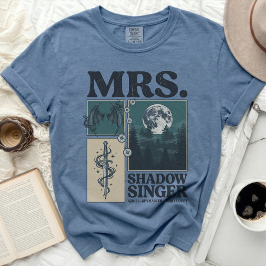 Comfort Colors blue t-shirt with "MRS. SHADOW SINGER" and dragon art.