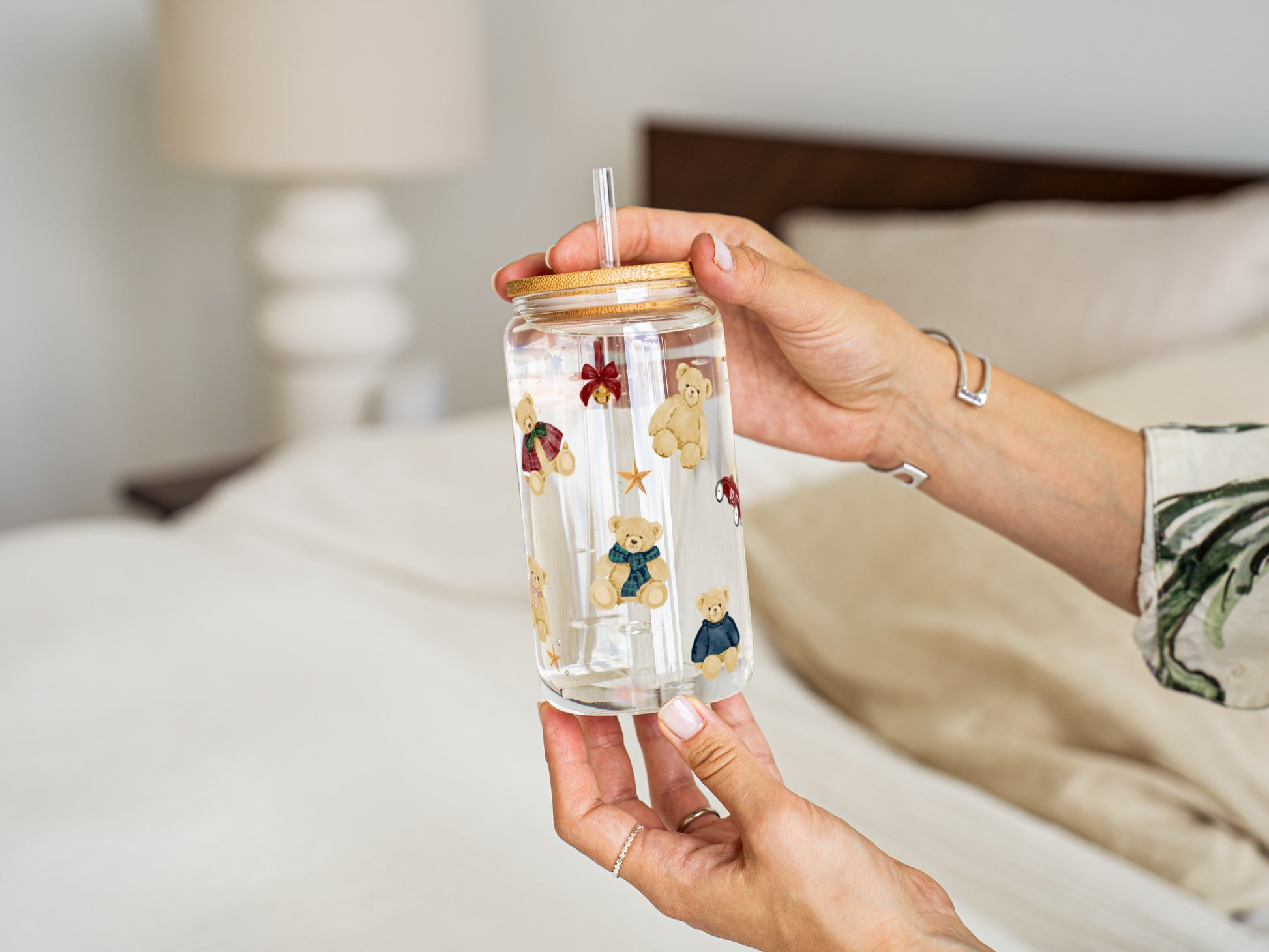 Cute Teddy Bear Design Glass Tumbler with Straw product