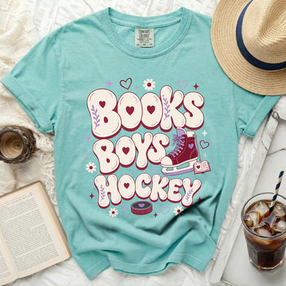 Aqua t-shirt with "Books Boys Hockey" text, ice skate, and hearts.