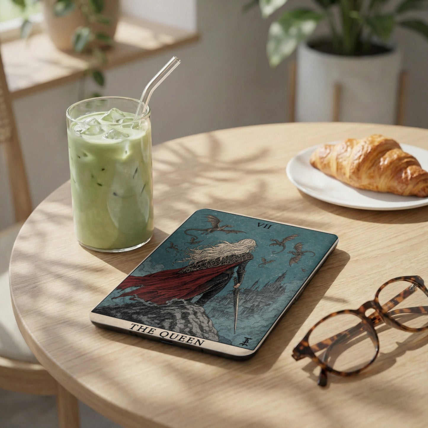 Tarot card "The Queen" with dragons and castle, next to matcha drink and croissant.