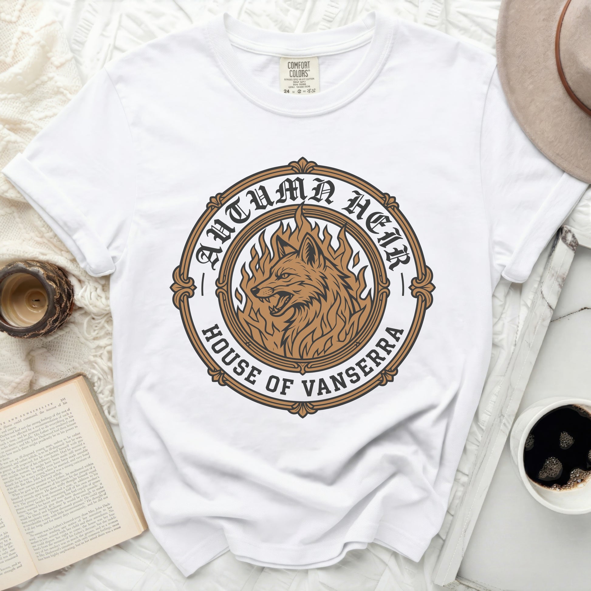 White t-shirt with "Autumn Heir House of Vanserra" logo featuring a fox on fire.
