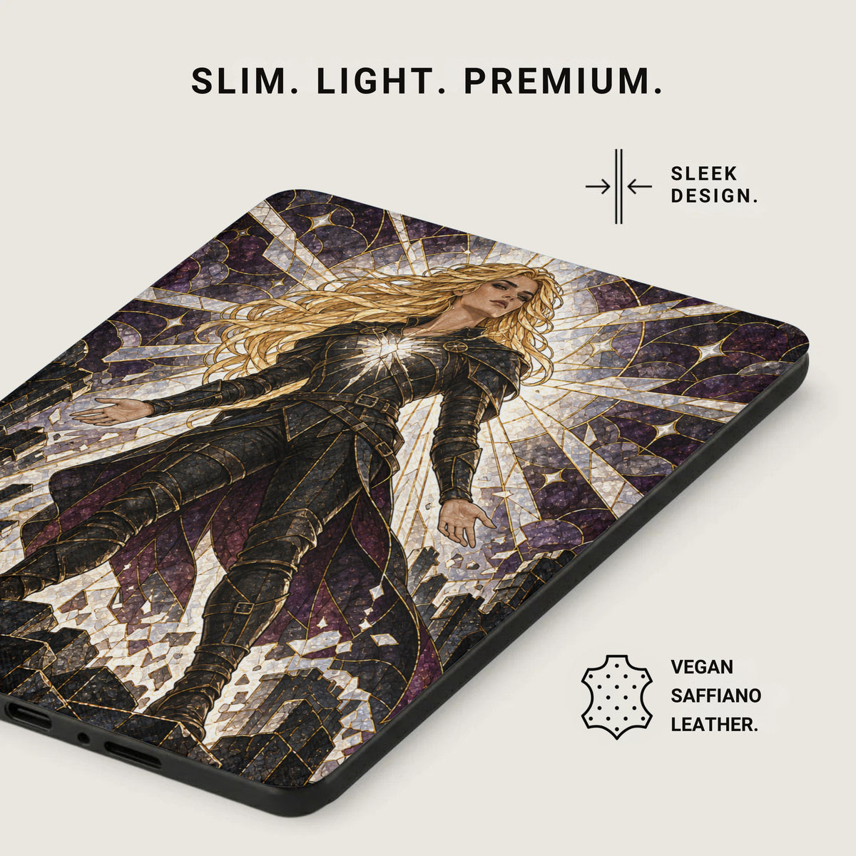 Phone case with a mosaic of a blonde warrior and text "VEGAN SAFFIANO LEATHER."
