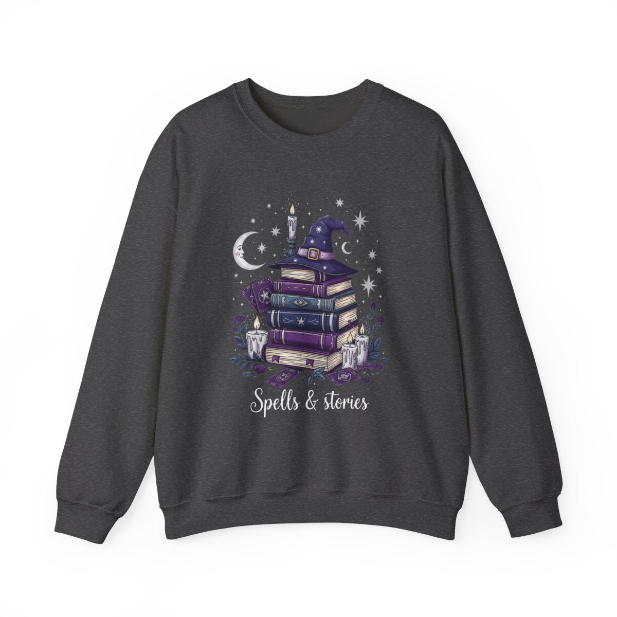 Spells Stories Stack Books Witch Hat Graphic Sweatshirt - MagicMerchEmporium
