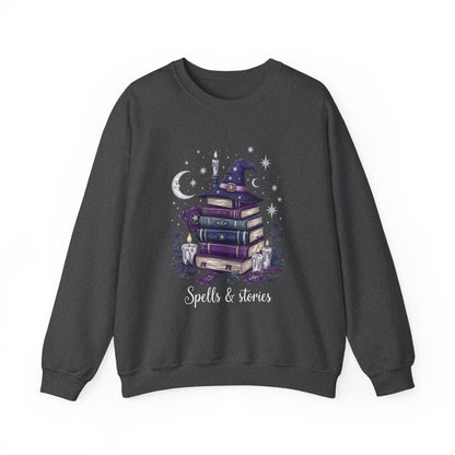 Spells Stories Stack Books Witch Hat Graphic Sweatshirt - MagicMerchEmporium