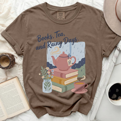 Brown t-shirt with "Books, Tea, and Rainy Days" text and a teapot illustration.