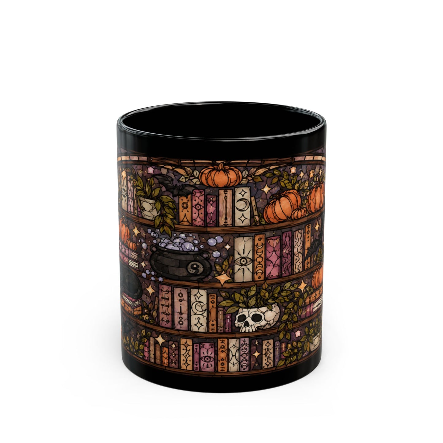 Black mug with a wrap-around design of a mystical bookshelf featuring pumpkins, books, and a skull.