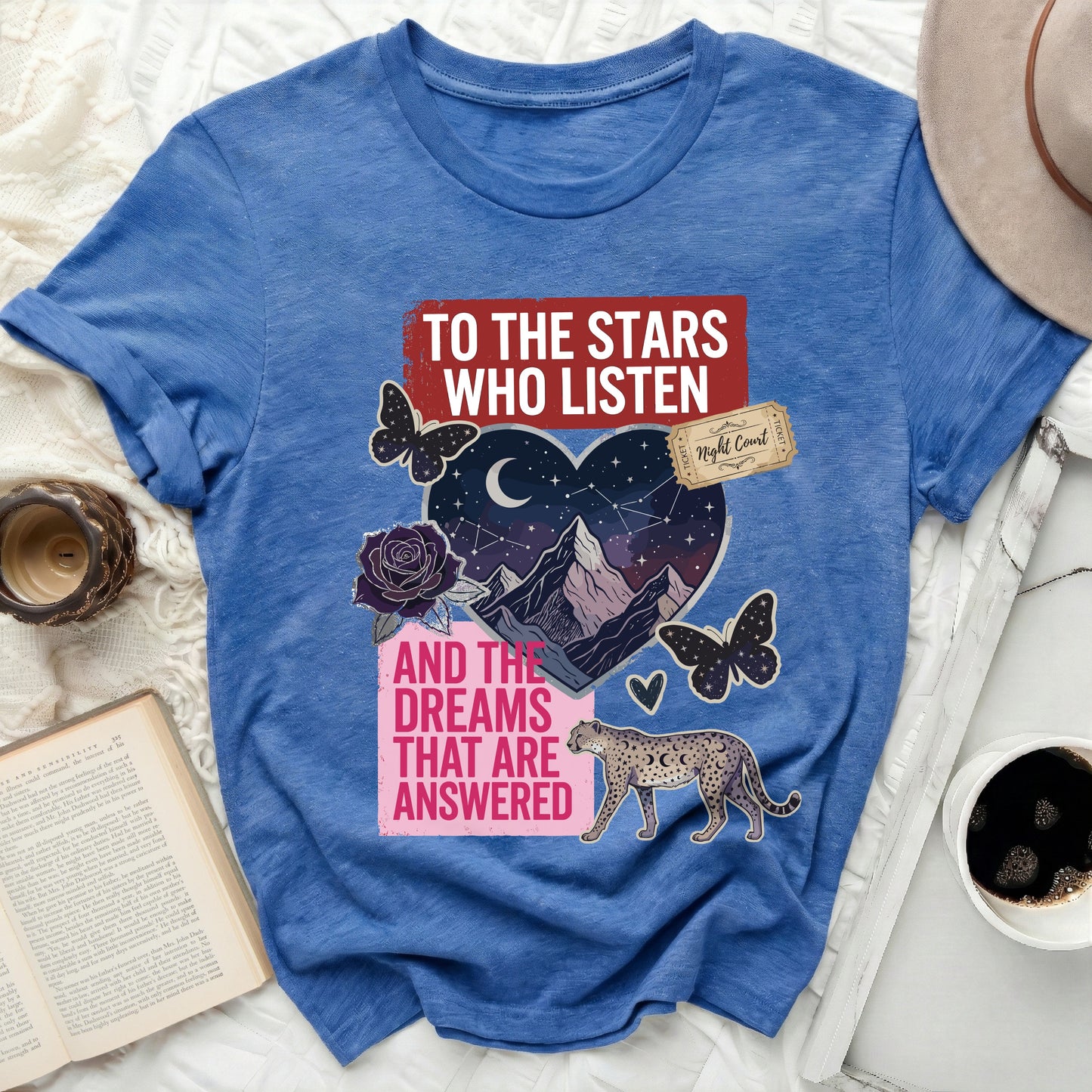 Celestial Leopard Night Court Butterflies Stars Dream T-Shirt
Blue T-Shirt, Stars Graphic, Moon Design, Celestial Top, Mountain Print, Butterfly Art, Leopard Spots, Night Court, Fantasy Theme, Literary Quote, Dream Inspired, Answered Dreams, Who Listen Top, Animal Design, Rose Illustration, Aesthetic Shirt, Unique Apparel, Galaxy Print, Mystical Clothing, Boho Chic