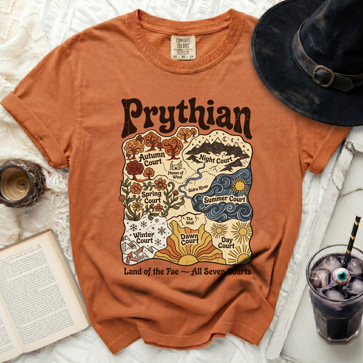 Orange t-shirt featuring a map of Prythian with seven courts and text.